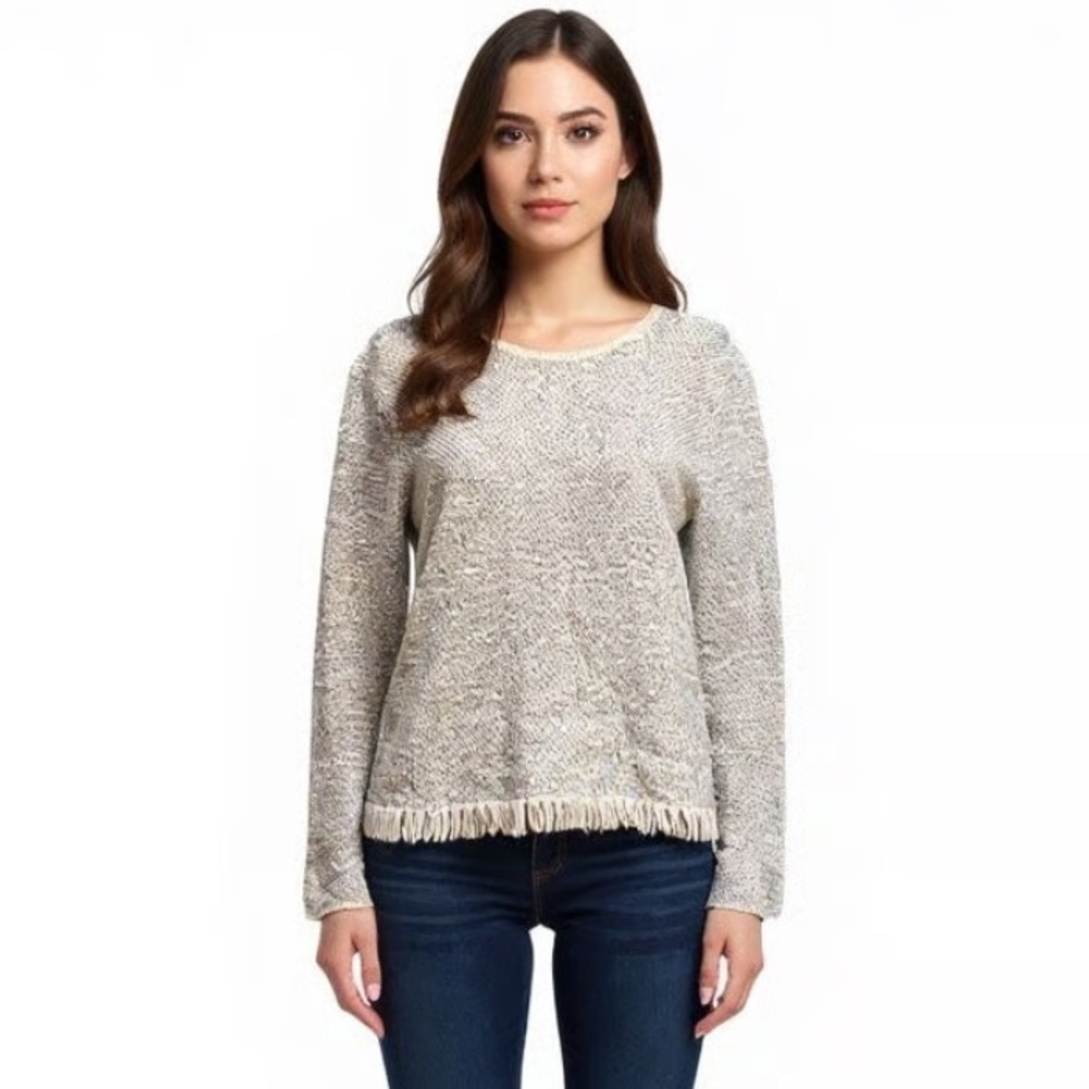 THEORY Vendla Inlay Cream Textured Sweater with Fringe Detail